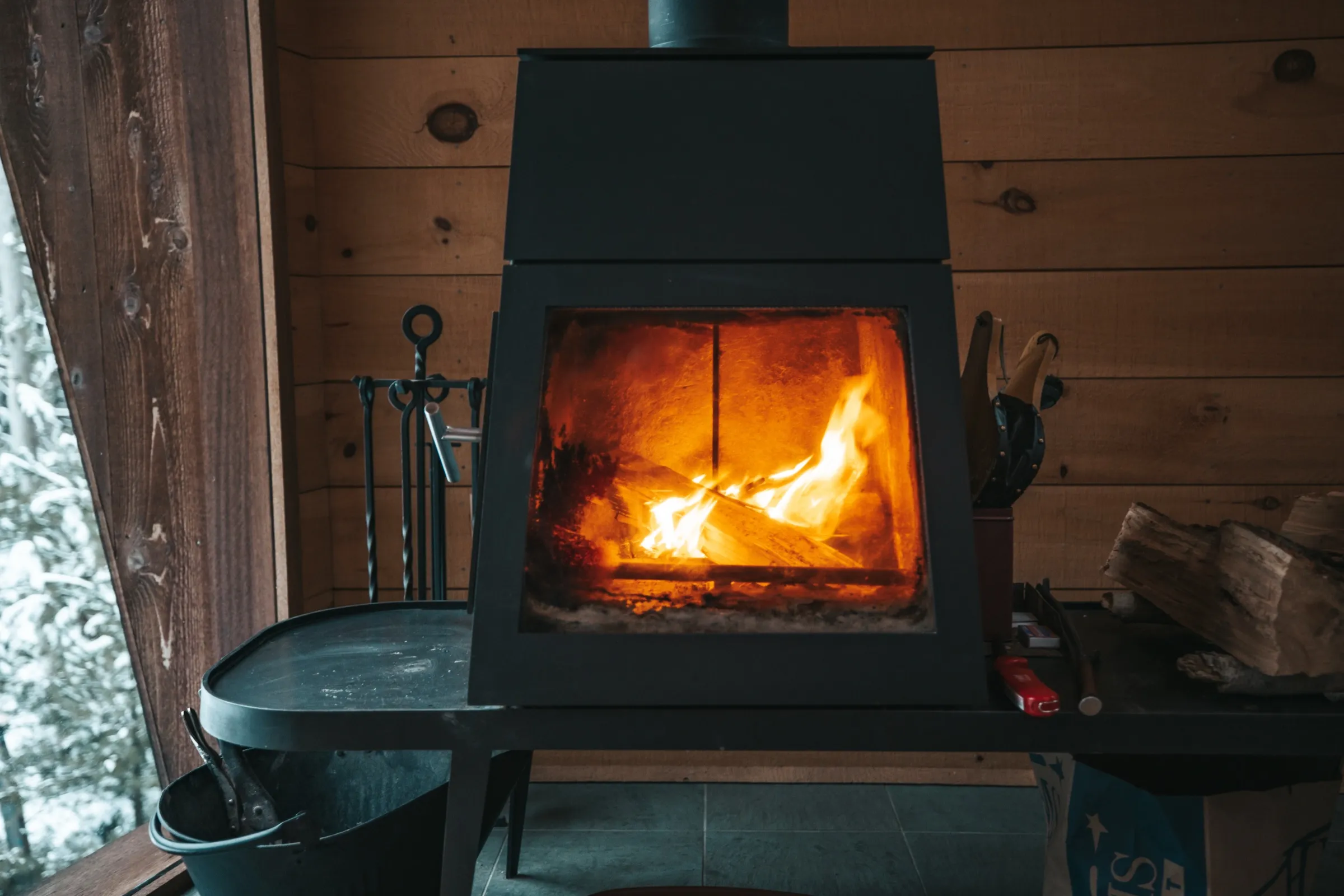 Wood-burning stove with fire crackling