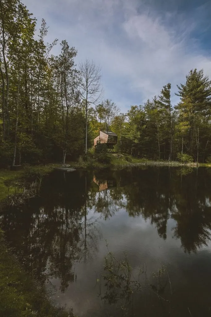 Wide view of pond with treehouse reflection